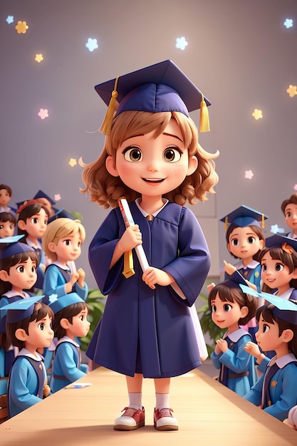 Niños felices con vestido y gorra de graduación en la ceremonia de graduación Ilustración de personajes de dibujos animados dibujados a mano