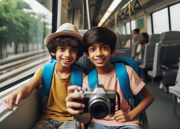 Niños felices viajando en el transporte