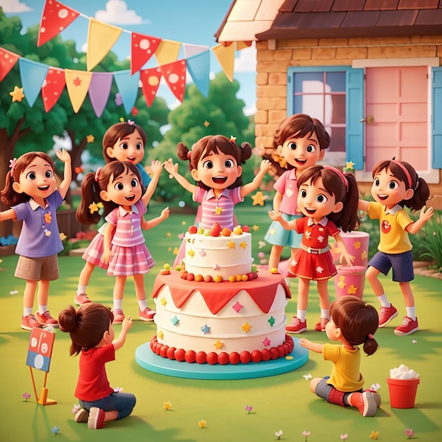 Niños festejando en el patio con muchos niños felices y un gran pastel