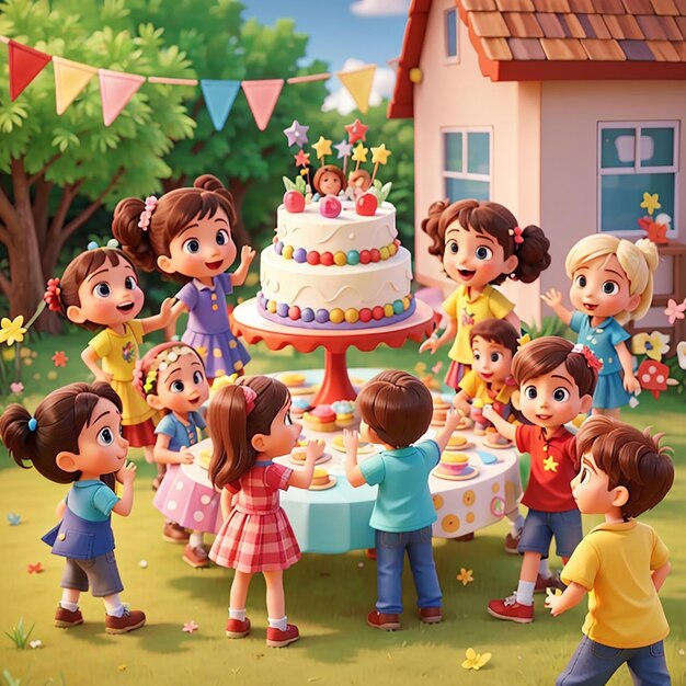 Foto niños festejando en el patio con muchos niños felices y un gran pastel