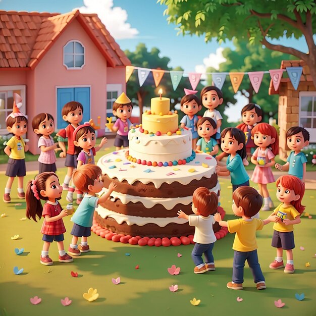 Niños festejando en el patio con muchos niños felices y un gran pastel