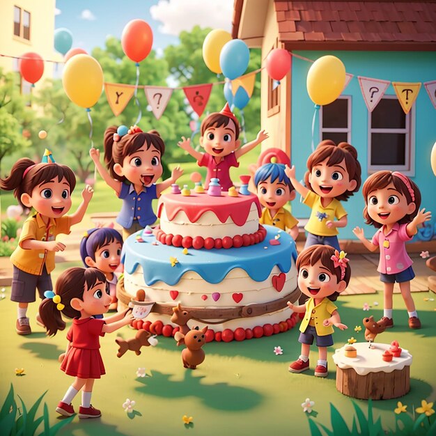 Niños festejando en el patio con muchos niños felices y un gran pastel