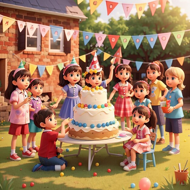 Foto niños festejando en el patio con muchos niños felices y un gran pastel