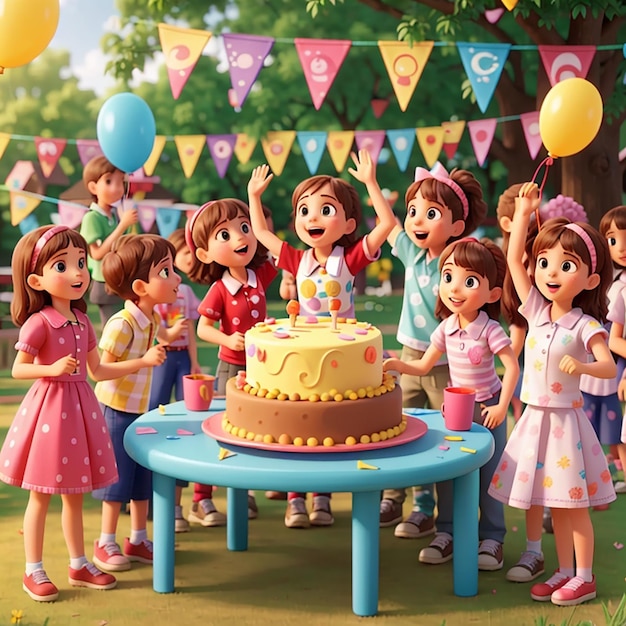 Niños festejando en el patio con muchos niños felices y un gran pastel