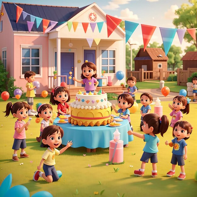 Niños festejando en el patio con muchos niños felices y un gran pastel