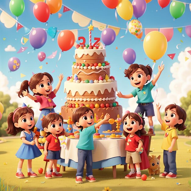 Foto niños festejando en el patio con muchos niños felices y un gran pastel