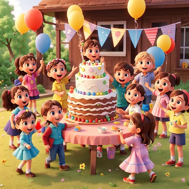 Niños festejando en el patio con muchos niños felices y un gran pastel