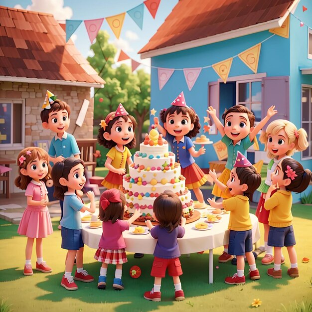 Niños festejando en el patio con muchos niños felices y un gran pastel