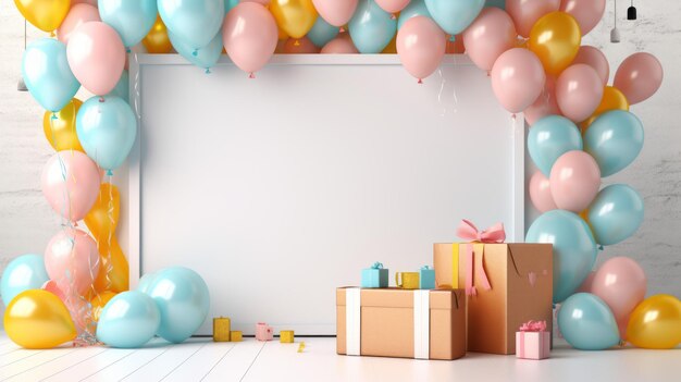 niños fiesta de cumpleaños marco de fotos globos caja de regalos celebración festiva feliz nacimiento de niños