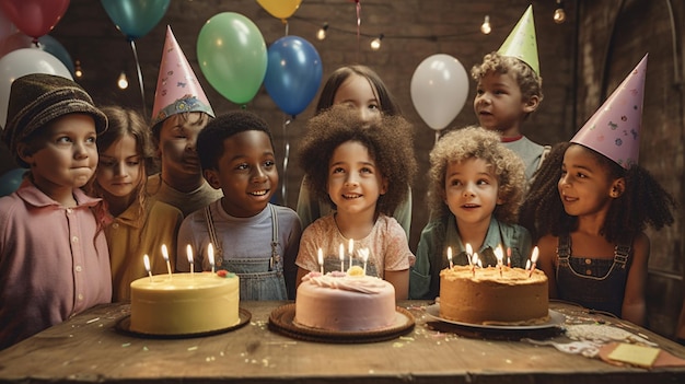 Niños en una fiesta de cumpleaños con pasteles y globos.