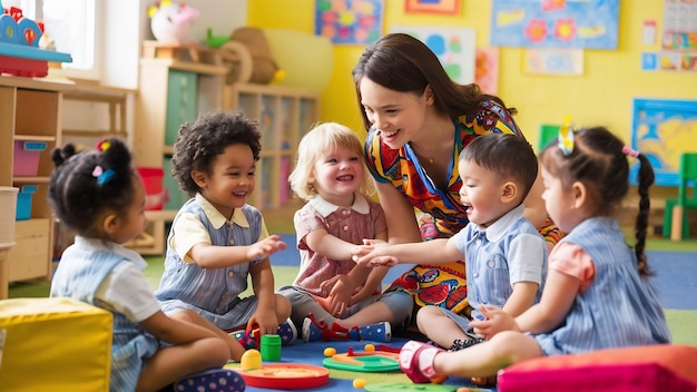 Niños de la guardería jugando con la maestra en el aula