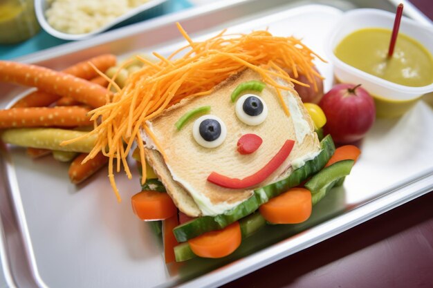 Foto los niños hacen sándwiches caseros con cara de payaso en medio del almuerzo escolar.