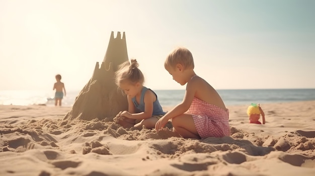 Niños haciendo castillos de arena en la playa red neuronal generada arte