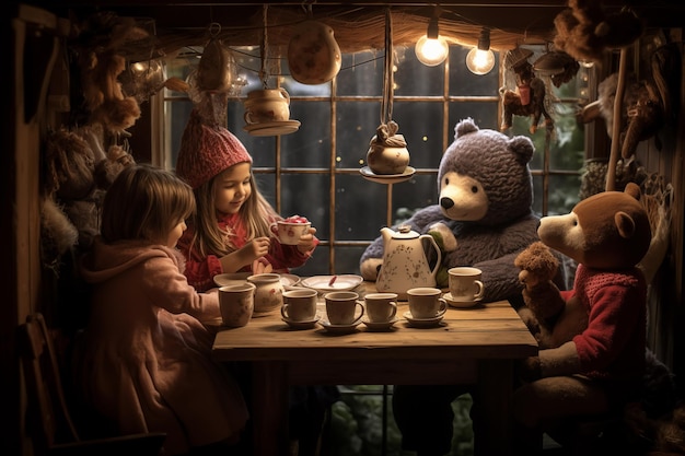 Niños haciendo una fiesta de té dentro de la casa del árbol con animales de peluche IA generativa