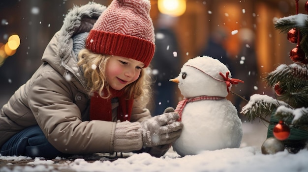 Niños haciendo un muñeco de nieve en la plaza con un árbol de Navidad