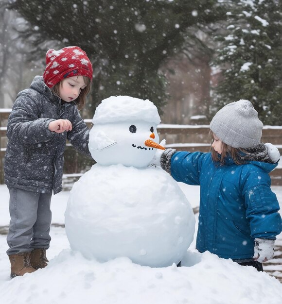 Niños haciendo muñeco de nieve.