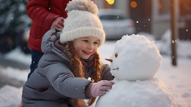 Niños haciendo muñecos de nieve y adornos navideños en la calle.