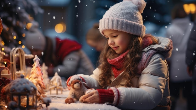 Niños haciendo muñecos de nieve y adornos navideños en la calle.