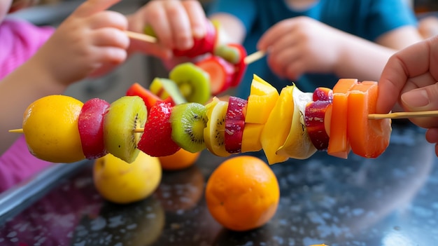 Niños haciendo pinzas de frutas en palos juntos