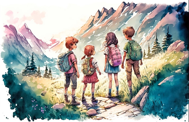 Niños haciendo senderismo en las montañas Ilustración en acuarela con niños