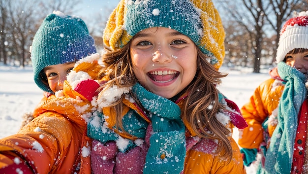 Niños hermosos felices jugando con la nieve.