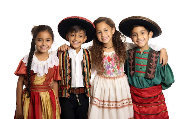 Foto niños hispanos con traje tradicional foto realista fondo blanco de alta calidad