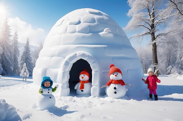 Niños con iglú y muñeco de nieve en invierno