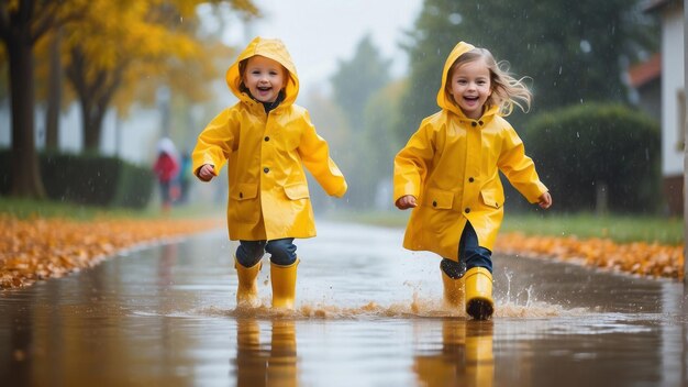 Foto niños con impermeables amarillos y botas de lluvia corriendo en un charco un paseo de otoño
