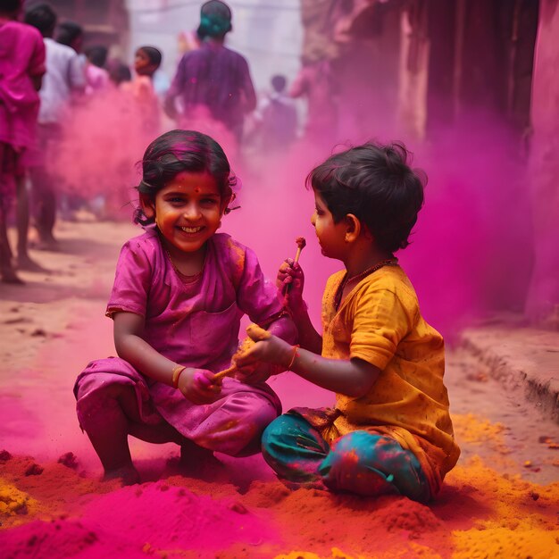 Los niños indios juegan al festival de Holi.