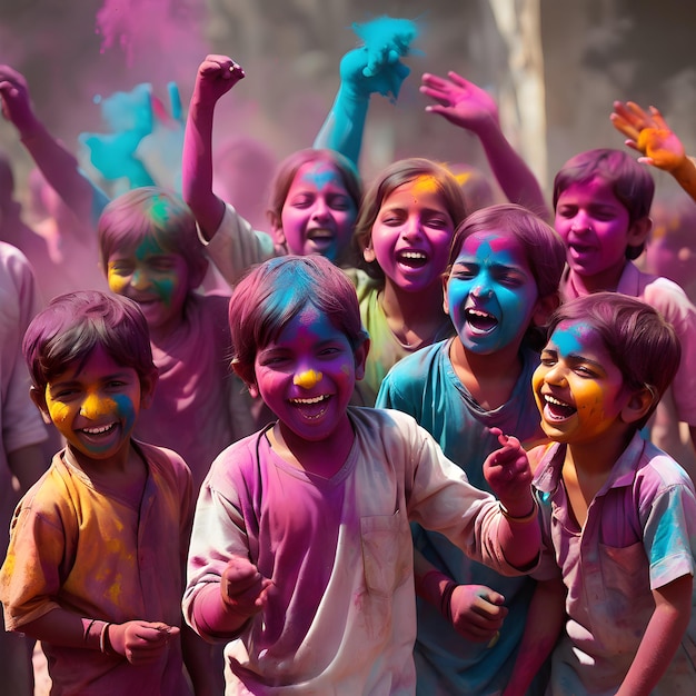 Los niños indios juegan a Holi con colores.