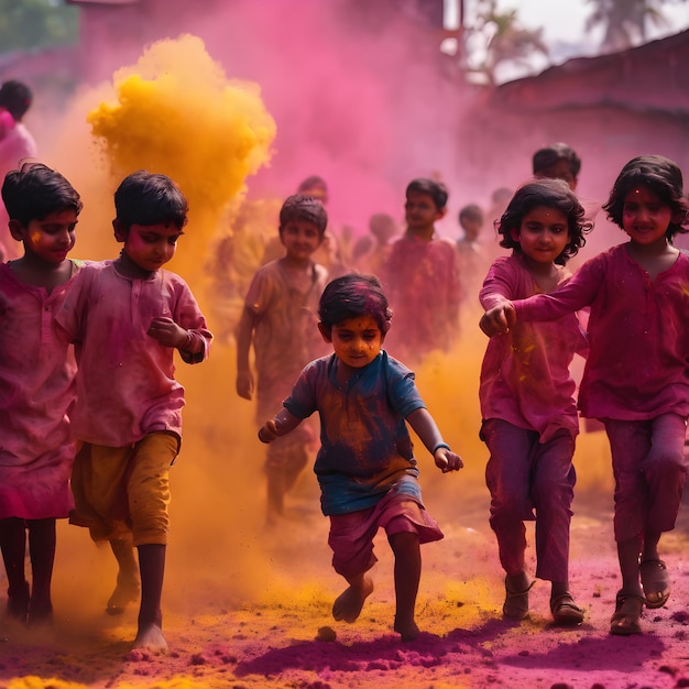 Niños indios jugando al holi.