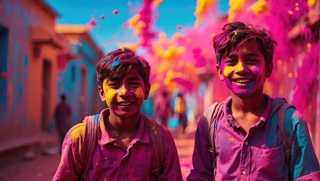 Foto niños indios jugando a holi