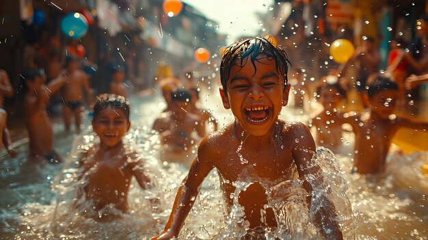 Foto niños indios riendo y salpicando globos de agua en holi