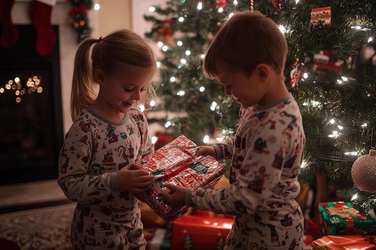 Niños intercambiando alegres regalos de Navidad en un ambiente doméstico acogedor IA generativa