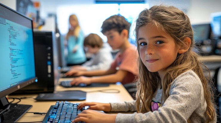 Foto niños interpretando el papel de especialistas en ti reparando computadoras y estableciendo redes en una sala de tecnología