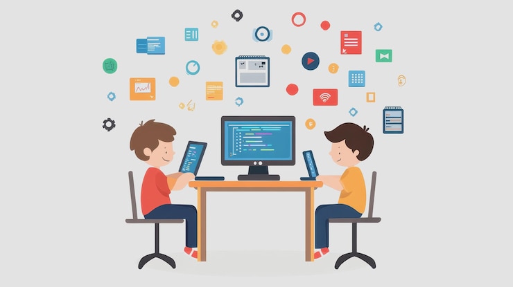 Foto niños involucrados en el aprendizaje con tecnología y codificación