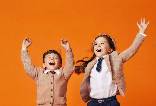 Niños jóvenes felices de alegría saltando en el aire contra un fondo de colores brillantes