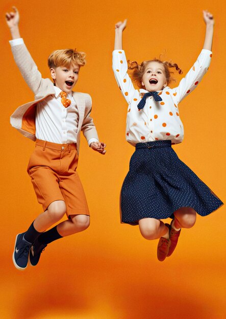 Niños jóvenes felices de alegría saltando en el aire contra un fondo de colores brillantes