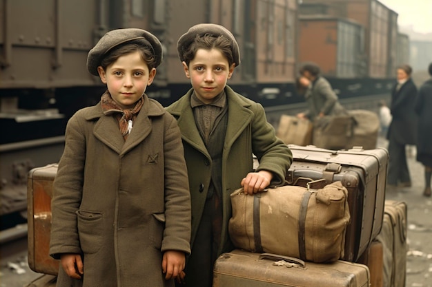 niños judíos muy tristes con equipaje viejo en el tren