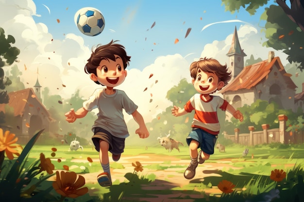 Los niños juegan al fútbol en la ilustración vectorial del jardín