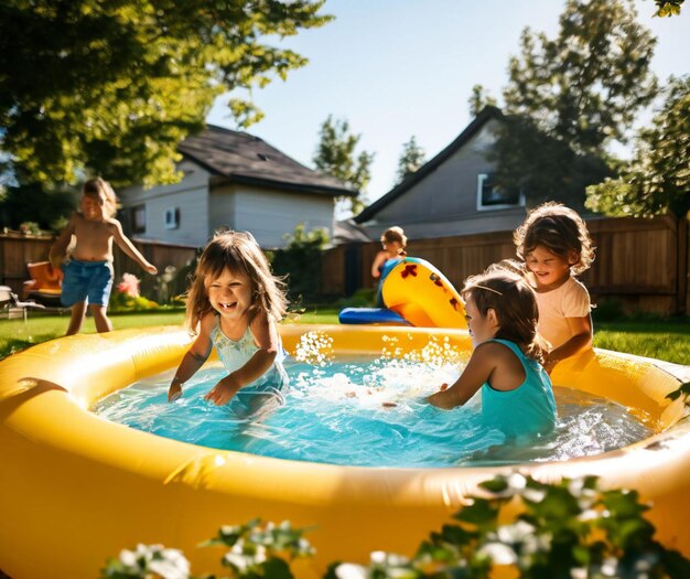 Los niños juegan y se bañan en la piscina del patio.