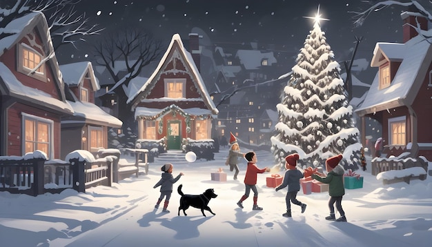 Los niños juegan a las bolas de nieve con un perro al lado de un árbol de Navidad en la calle cerca de la casa