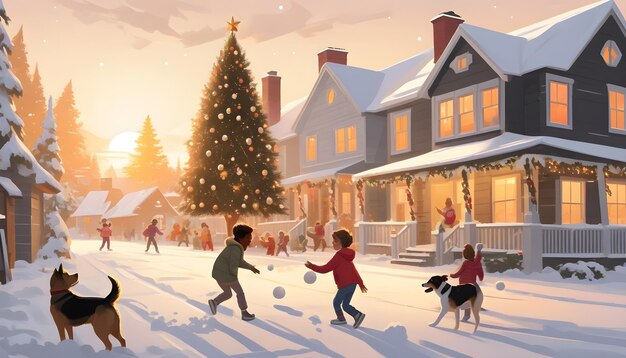 Foto los niños juegan a las bolas de nieve con un perro al lado de un árbol de navidad en la calle cerca de la casa