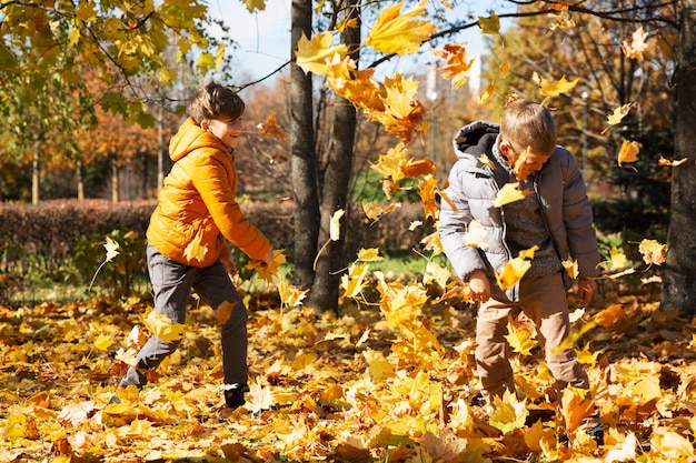 Los niños juegan con hojas secas en el parque de otoño. Hermanos amigos se divierten en un día soleado.