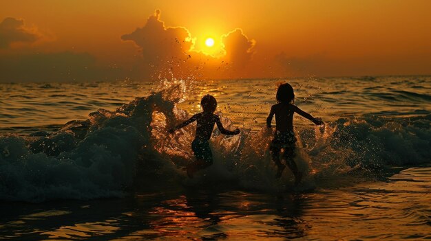 Los niños juegan en las olas del océano al atardecer