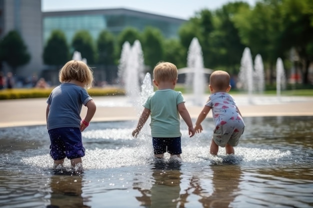 Los niños juegan y se refrescan con salpicaduras de agua en una fuente en una ola de calor extremo