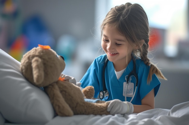 Los niños juegan a ser médicos con muñecas.