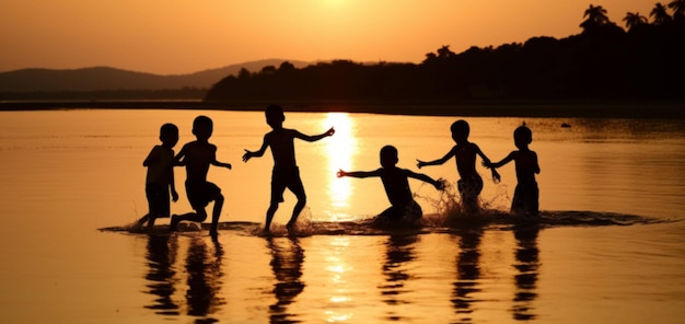 Niños jugando en el agua al atardecer con la puesta de sol detrás de ellos