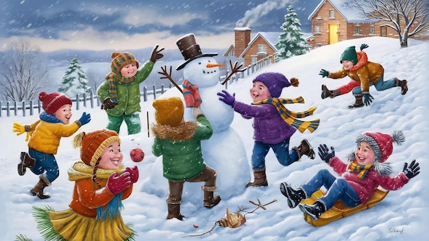 Niños jugando al aire libre en invierno