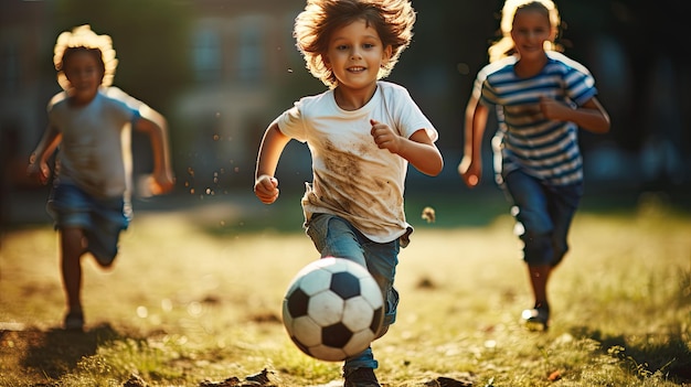 Niños jugando al fútbol al aire libre